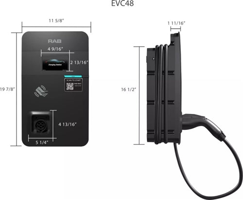 RAB EVC48/U 48A EVC Level 2 Charger, 5" Display, 16.4 ft Cable SAEJ1772 Plug Networked OCPP, Unprovisioned