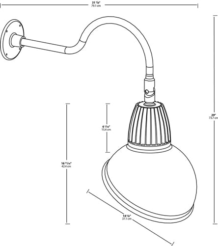 RAB GN1LED26YSADB 26W LED Gooseneck Dome Shade with 24" Goose Arm, 3000K Color Temperature (Warm), Spot Reflector, 15" Angled Dome Shade, Black Finish