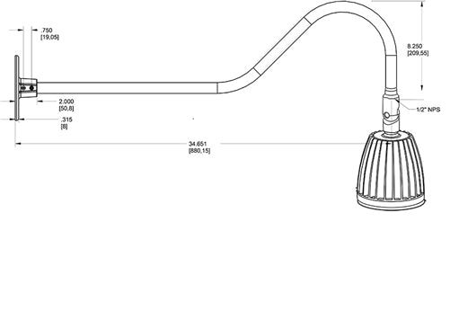 RAB GN2LED13NSBWN 13W LED Gooseneck No Shade with 35" Goose Arm, 4000K (Neutral), Spot Reflector, Brown Finish