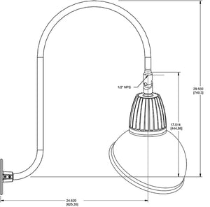 RAB GN3LED26YSAD11LB 26W LED Gooseneck Dome Shade with Upcurve 30" High, 25" from Wall Goose Arm, 3000K (Warm), Spot Reflector, 11" Angled Dome Shade, Light Blue Finish