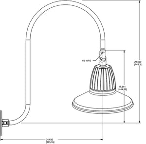 RAB GN3LED26YST11S 26W LED Gooseneck Straight Shade with Upcurve 30" High, 25" from Wall Goose Arm, 3000K (Warm), Flood Reflector, 11" Straight Shade, Silver Finish