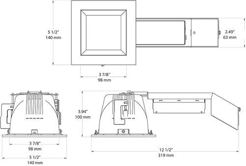 RAB RDLED4S12F-50Y-W-B 4" Square Remodeler LED, 12W, 3000K (Warm), 842 Lumens, 90 CRI, 50 Degree Beam Spread, On/Off Non-dimming Driver, White Cone and Black Trim