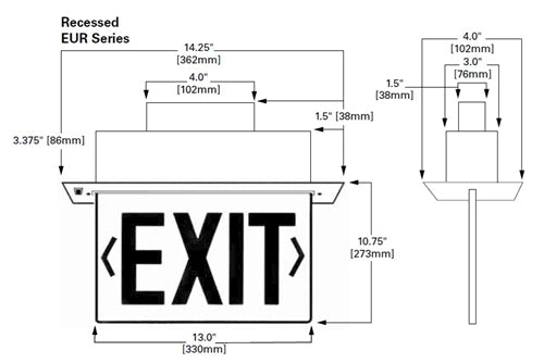 Sure Lites EUR71R LED Edge Lit Exit Sign, Recessed Mount, Battery Back Up, Single Face Clear, Red Letter, Anodized Aluminum